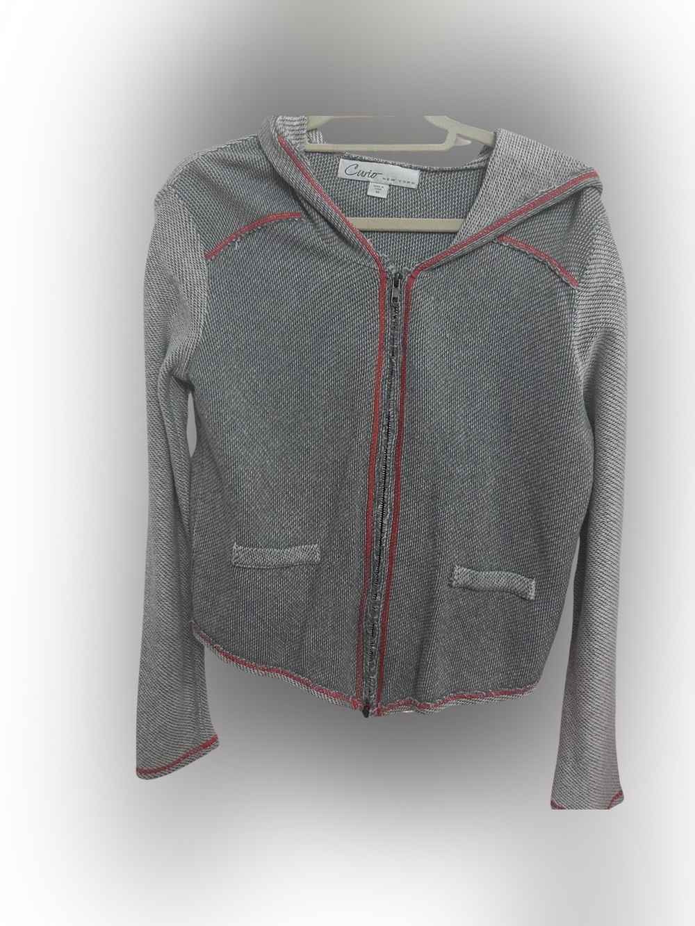 Curio Gray Knit Zip Hoodie Jacket with Red Contrast Trim Size Medium
